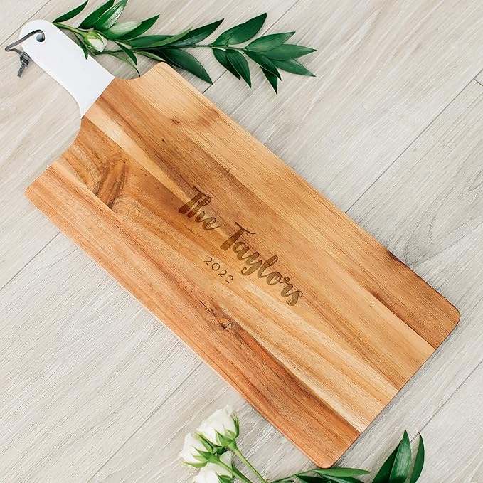 Weddingstar Personalized Wooden Cutting Board or Serving Board with White Handle 7.8" x 21"- Retro Script Etching
