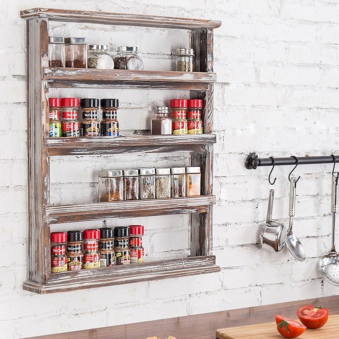 MyGift Wooden Spice Rack Wall Mount, Hanging 4 Tier Seasoning Jar Shelf Pantry Organizer, Vintage Rustic Torched