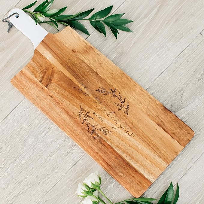 Weddingstar Personalized Wooden Cutting Board or Serving Board with White Handle 7.8" x 21"- Signature Script Etching