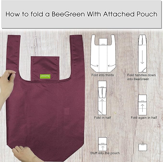 BeeGreen Christmas Red Reusable Grocery Bags with Zipper Storage Pouch 10 Packs Red Reusable Shopping Bags Bulk Foldable-Machine Washable
