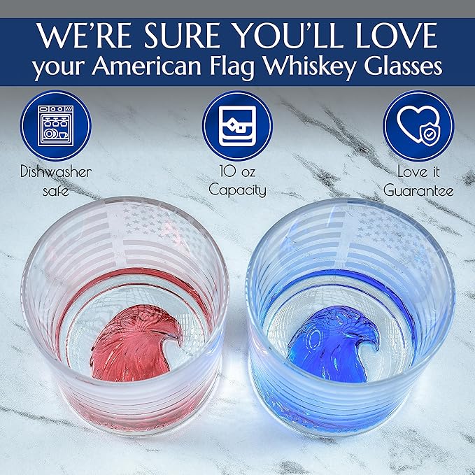 Greenline Goods American Flag Decor USA Glasses - With Patriotic Eagle - (Set of 2) 10 Oz Tumbler Set - America Themed Whiskey Set - Colored 3D Eagle Heavy Glass Base