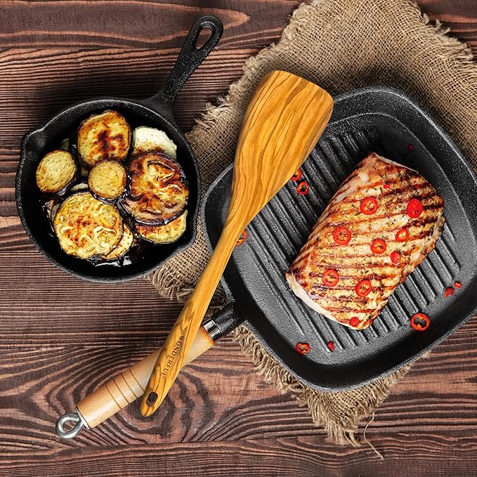 WONDERFUL 13.5 Inch Long Olive Wood Spatula/Turner for Cooking, Flat Frying Spatula Handmade for Kitchen Cookware, Non-Stick