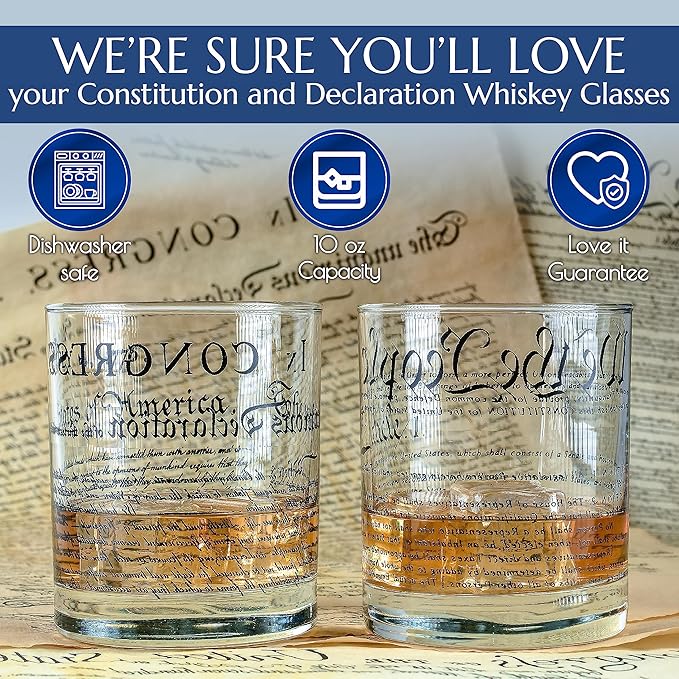 Greenline Goods Whiskey Glasses – United States Constitution + Declaration Glass (Set of 2) - 10 oz Tumblers - American US Patriotic Gift Set - Old Fashioned We The People Cocktail Glasses