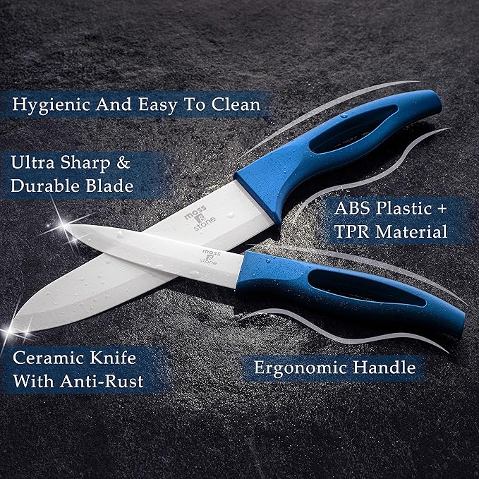 Moss & Stone Kitchen Cutlery White Ceramic Knife Set, Ceramic Knife Set and Fruit Peeler, Rust Proof & Stain Resistant, Kitchen Cooking Knife Set 5 pieces Blue Knives