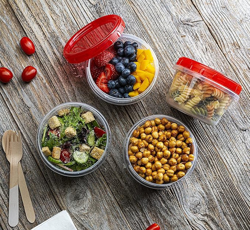 (16 Ounce 10 Pack) Twist cap Containers Clear Bottom With Red Top Screw on Lids Twist Top Food Storage Freezer Containers