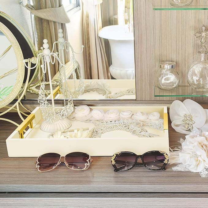 Leather Serving Tray with Gold Polished Metal Handles, Home Decorative Wooden Rectangle Ottoman Decor Platter Bathroom Vanity Tray for All Occasions Cream
