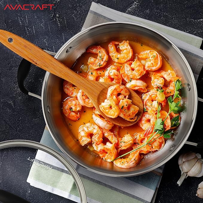 AVACRAFT 18/10 Stainless Steel Everyday Pan, Stir Fry Pan with Five-Ply Base, Chef’s Pan with Glass Lid, Multipurpose Stewpot Skillet, Saute Pan, Casserole in Pots and Pans (9 Inch)