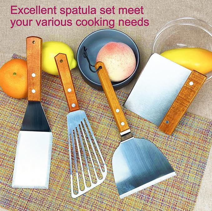 Spatula, Metal Spatulas Set, Stainless Steel Spatula, Fish Spatula Turner Cooking BBQ Grill Griddle Spatula, Metal Spatula for Cast Iron Skillet, Small Wide Kitchen Spatulas with Wood Handle