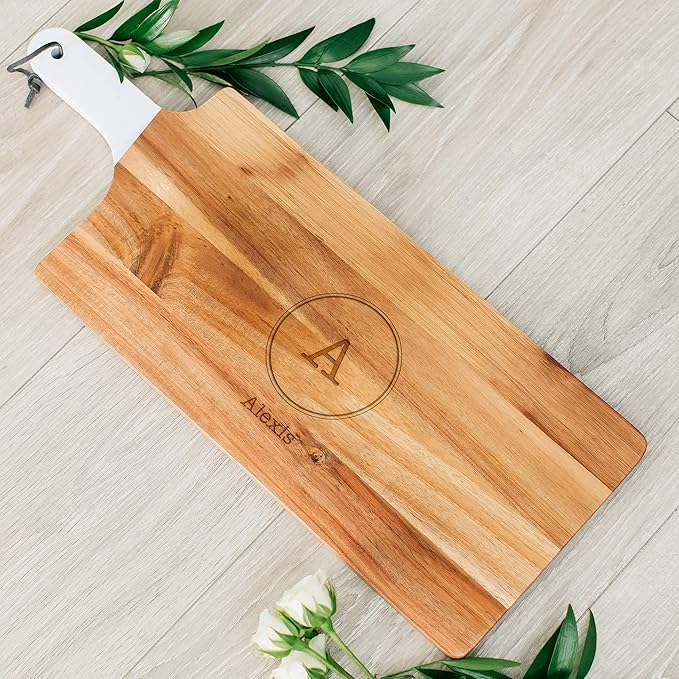 Weddingstar Personalized Wooden Cutting Board or Serving Board with White Handle 7.8" x 21"- Circle Monogram Etching