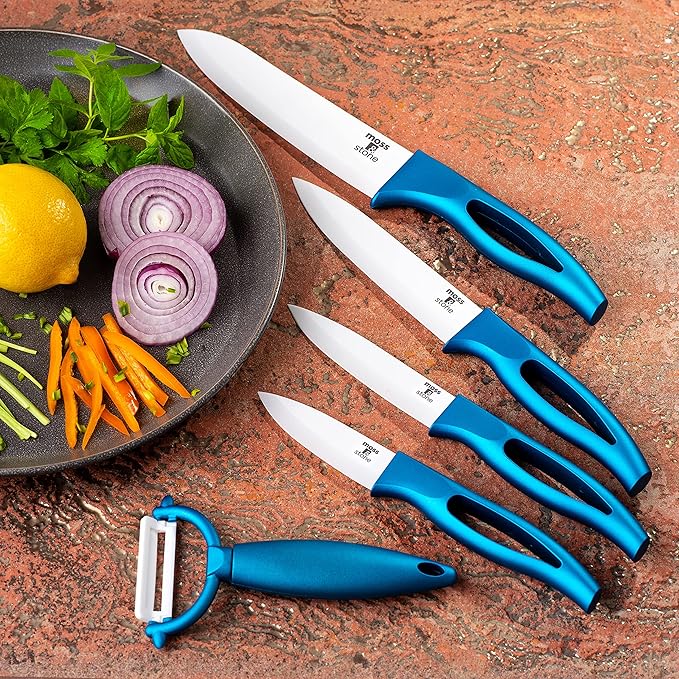Moss & Stone Kitchen Cutlery White Ceramic Knife Set, Ceramic Knife Set and Fruit Peeler, Rust Proof & Stain Resistant, Kitchen Cooking Knife Set 5 pieces Blue Knives