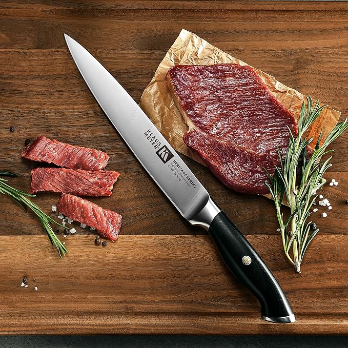 Klaus Meyer 8-Piece Kitchen Knife Set, German High Carbon Steel Pakka Wood Handle Chef Knife Set With Block, Ultra Sharp With Scissors, Sharpener Rod.