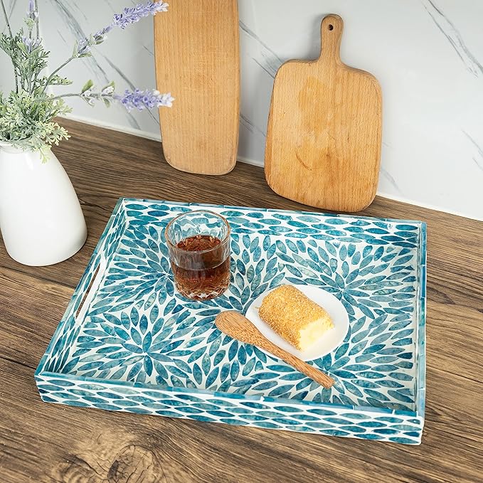 CLAYNIX Serving Tray 15.7" X11.8", Lacquer Mother of Pearl Inlay Mosaic Tray, Rectangle Wooden Marble Tray with Handles Trays for Tea, Breakfast in Bed, Table (Flower Style)
