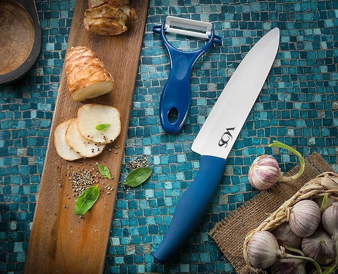 Vos Ceramic Knife with Peeler, Knives Set For Kitchen, Ultra Sharp Kitchen Knife Set with Covers, 4" 5" 6" 7" 8" Paring, Chef Knife, Santoku & 2 more, Lightweight, Dishwasher safe (Blue)