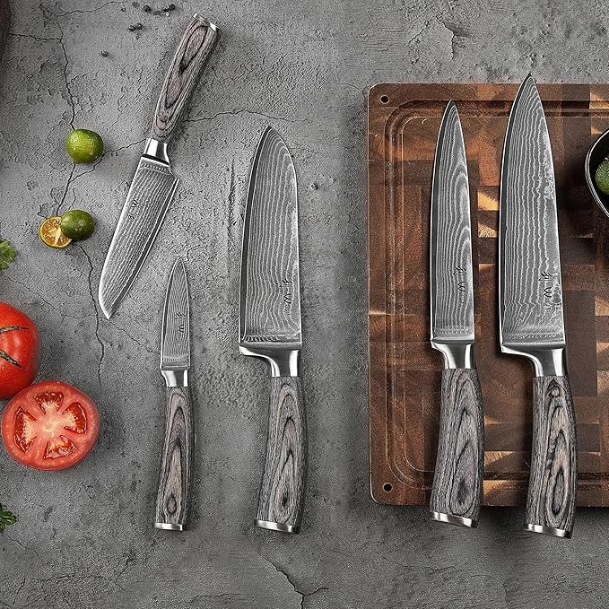 Wakoli EDIS 5-Piece Damascus Kitchen Knife Set – Professional Kitchen Knives with VG10 Core, 67-Layer Damascus Steel Blades and Ergonomic Pakkawood Handles – Premium Chef Knife Set in Wooden Gift Box