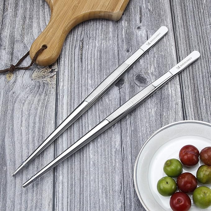 MSY BIGSUNNY Set of 2 Kitchen Tweezers Fine Tweezer Tongs 12 Inch Stainless Steel Food Tweezer, Precision Serrated Tips Food Tongs,Extra-Long Straight Tweezers