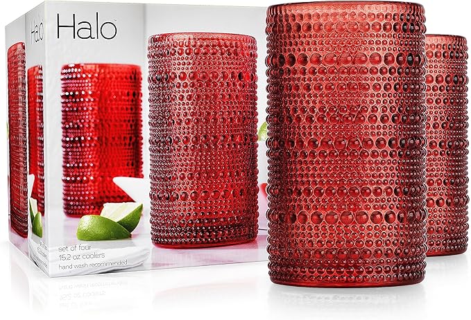 Glaver's Drinking Glasses Set of 4 Red Vintage Glassware. Christmas 15 Oz. Everyday and Holiday Dinner Beaded Drinking Glasses for Water, Juice, Cocktail.