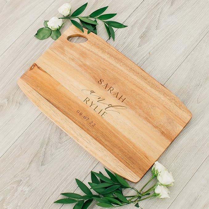 Weddingstar Personalized Wooden Rounded Rectangle Cutting Board or Serving Board 16" x 10" - Modern Couple Etching