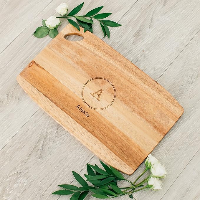 Weddingstar Personalized Wooden Rounded Rectangle Cutting Board or Serving Board 16" x 10" - Circle Monogram Etching