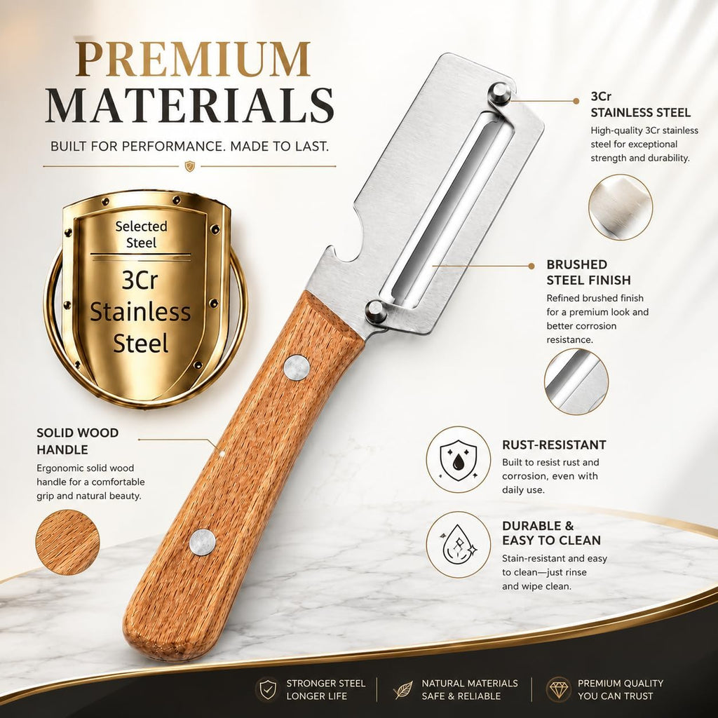 2026 Premium Multifunctional Vegetable Peeler, 3cr Stainless Steel Peeler with Wooden Handle with Built-In Bottle Opener, kitchen gadgets Potato for Carrot, Apple, Pumpkin Veggie Peeler