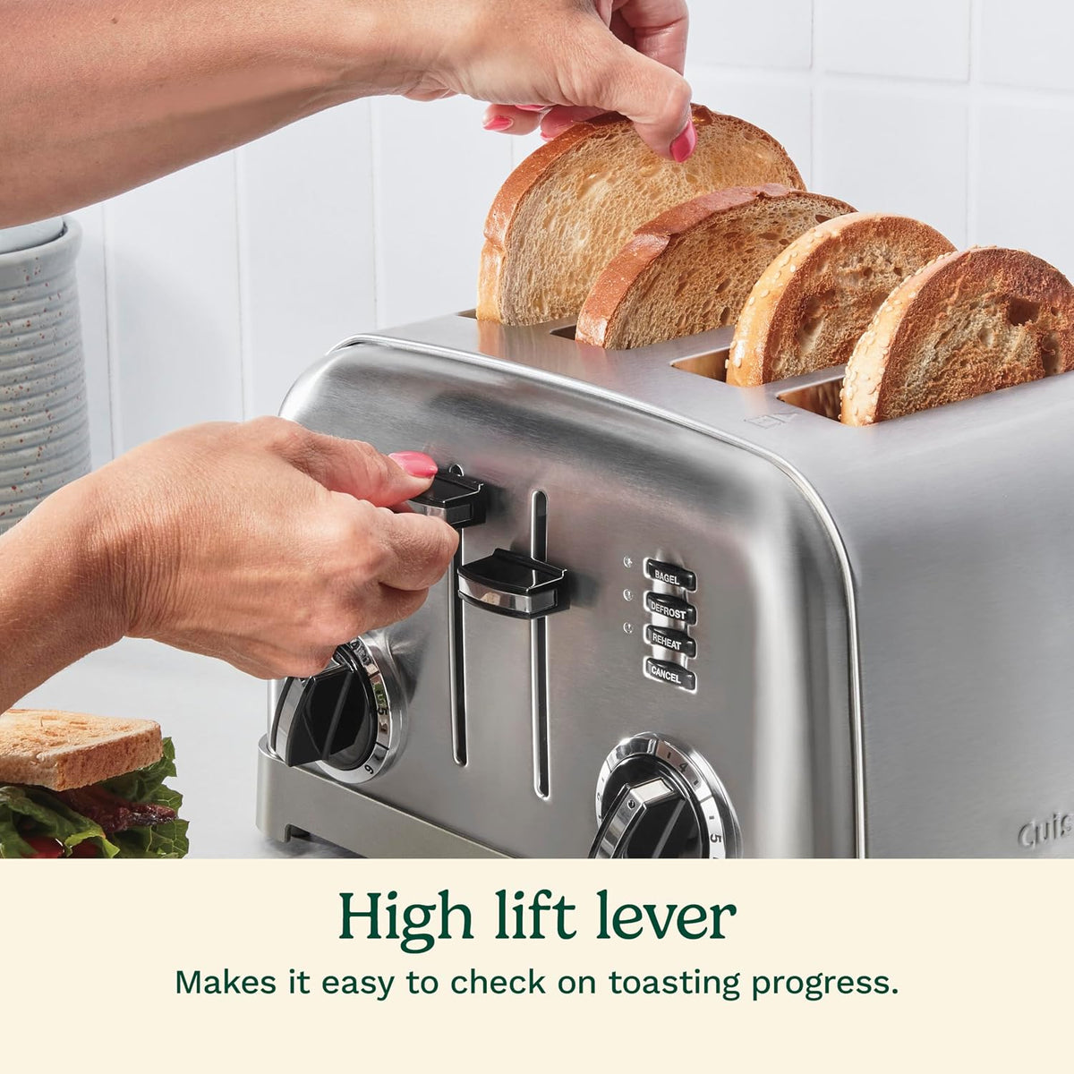 Cuisinart Toaster, Extra-Wide Slots, Stainless Steel, 4-Slice
Bagel, pastry & bread toaster with defrost/reheat functions, 6-setting browning dials & a slide-out crumb tray, CPT-180P1