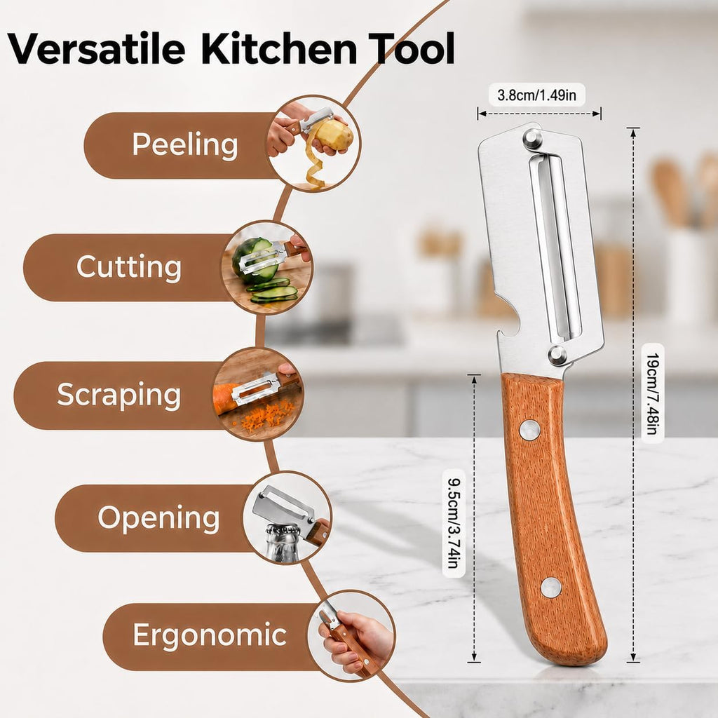 2026 Premium Multifunctional Vegetable Peeler, 3cr Stainless Steel Peeler with Wooden Handle with Built-In Bottle Opener, kitchen gadgets Potato for Carrot, Apple, Pumpkin Veggie Peeler