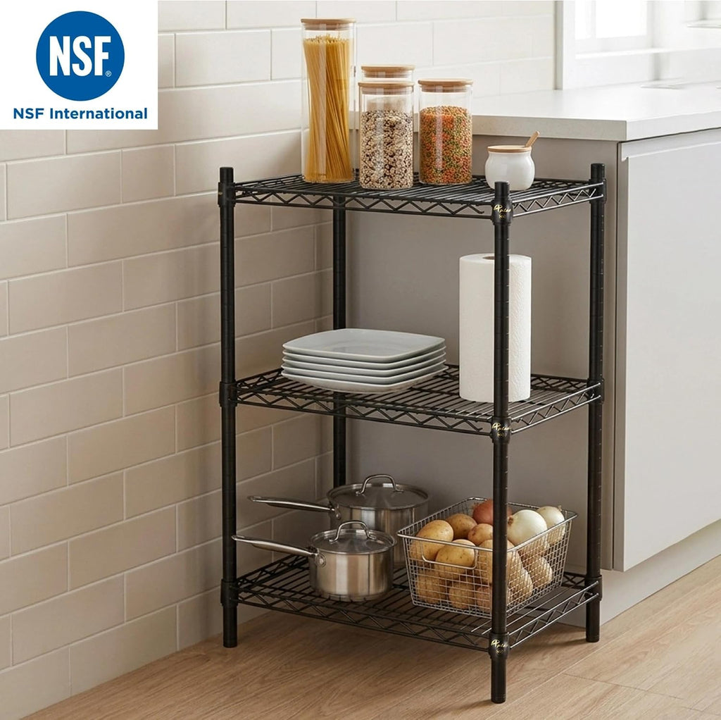 APLSS 18" D x 30" W x 34" H Black Heavy Duty Wire Shelving with 3 Tier Shelves, NSF Certified, Height Adjustable, Wet&Dry Environments, for Kitchen Garage Walk-in Cooler&Freezer, 800lbs Capacity