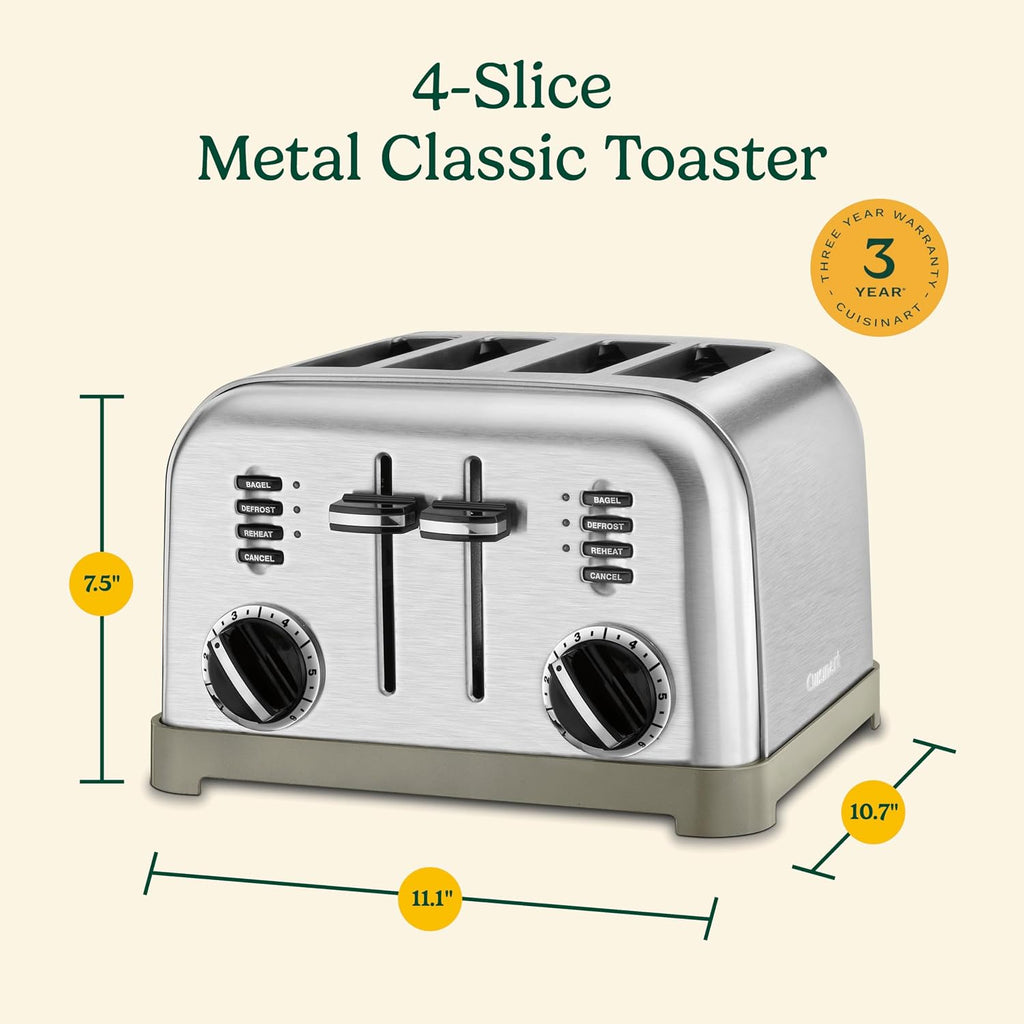 Cuisinart Toaster, Extra-Wide Slots, Stainless Steel, 4-Slice
Bagel, pastry & bread toaster with defrost/reheat functions, 6-setting browning dials & a slide-out crumb tray, CPT-180P1