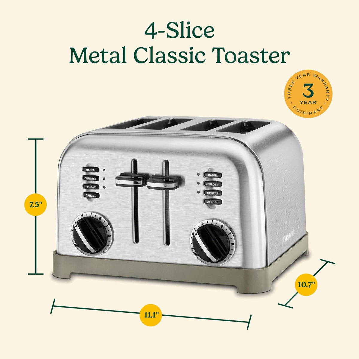 Cuisinart Toaster, Extra-Wide Slots, Stainless Steel, 4-Slice
Bagel, pastry & bread toaster with defrost/reheat functions, 6-setting browning dials & a slide-out crumb tray, CPT-180P1