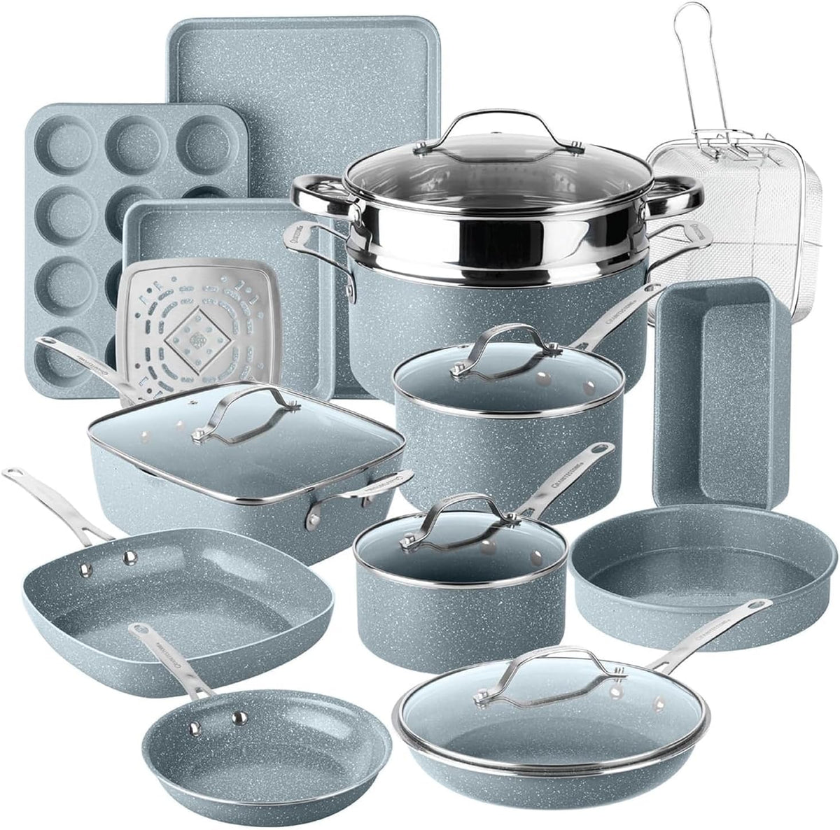 GRANITESTONE Ceraluxe 20 Pc Ceramic Cookware Set, Diamond Infused, Gray
Pots and Pans Non Stick, Deep Frying Pan & Bakeware Set, Non Toxic PFAS-Free, Stay Cool Handles, Oven & Dishwasher Safe