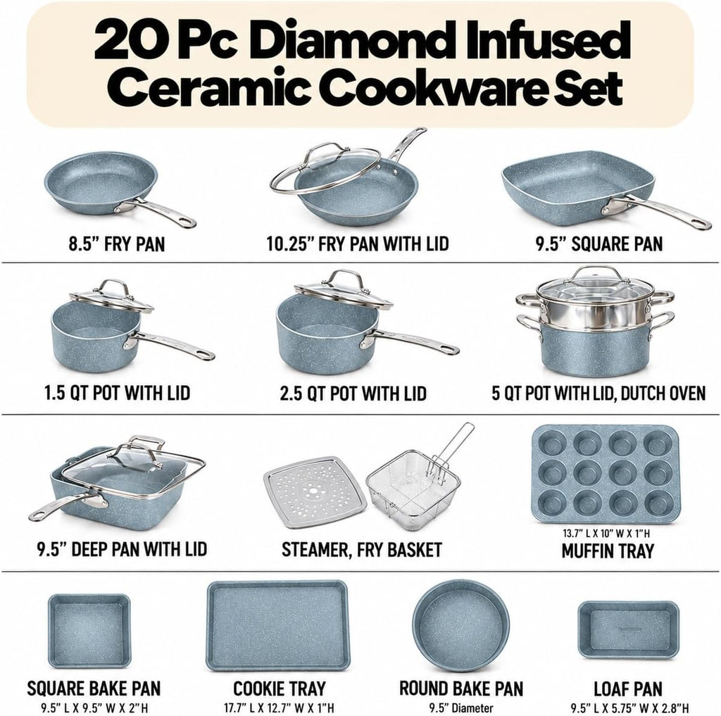 GRANITESTONE Ceraluxe 20 Pc Ceramic Cookware Set, Diamond Infused, Gray
Pots and Pans Non Stick, Deep Frying Pan & Bakeware Set, Non Toxic PFAS-Free, Stay Cool Handles, Oven & Dishwasher Safe
