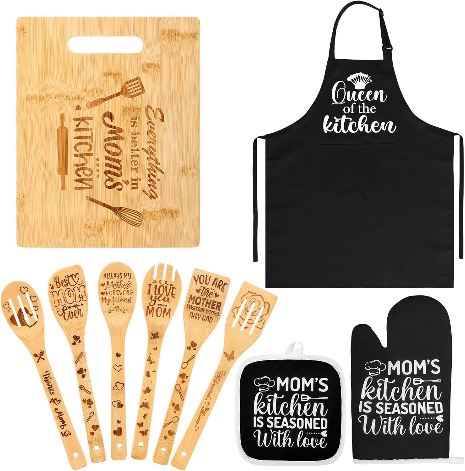 Mom Kitchen Gifts Mothers Day Gifts for Mom from Daughter, Mom Birthday Gift Ideas with Cutting Board Wooden Spoons Aprons Oven Mitts Pot Holder for Cooking