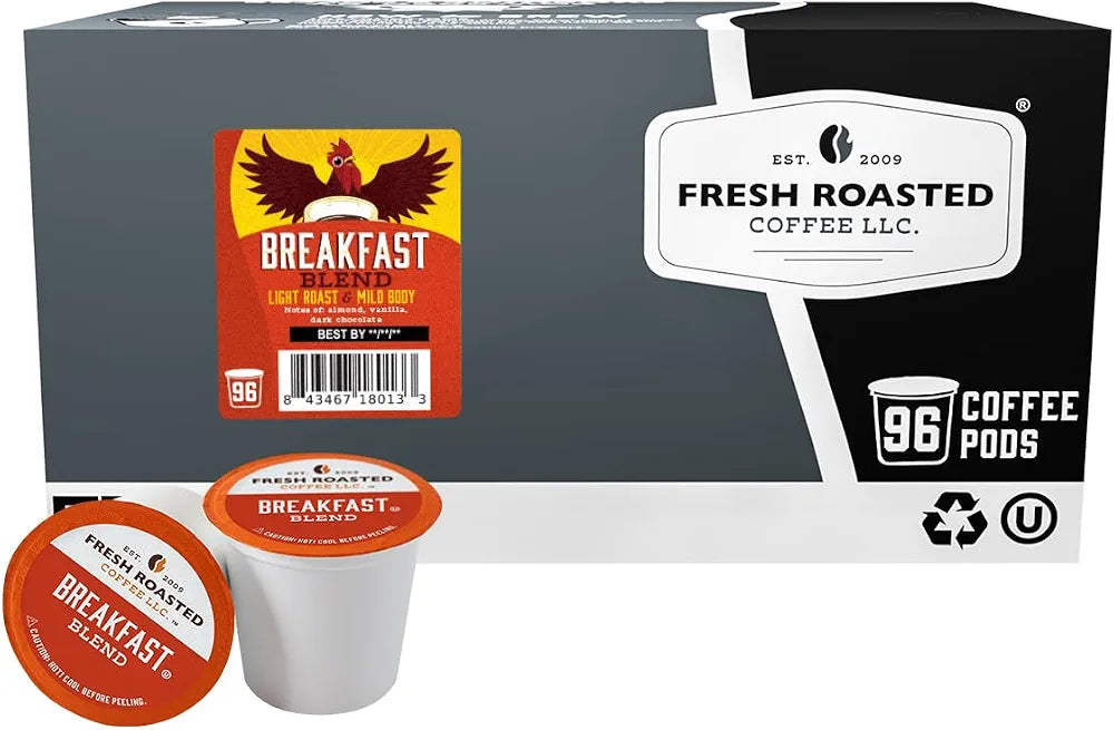 Fresh Roasted Coffee, Breakfast Blend, Light Roast, 96 Pods for K Cup Brewers
