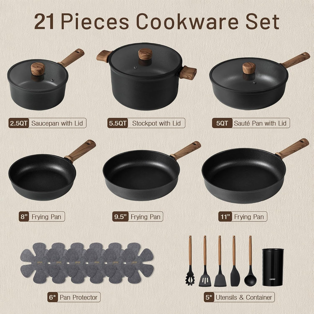 CAROTE 21pcs Pots and Pans Set, Nonstick Cookware Sets
Titanium Reinforced Coating, Scratch-Resistant, Easy to Clean, Even Heating, Induction Compatible, with Frying Pans Set