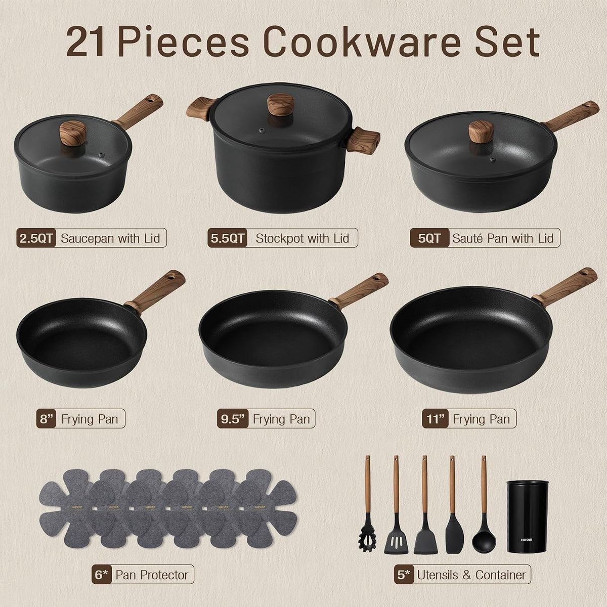 CAROTE 21pcs Pots and Pans Set, Nonstick Cookware Sets
Titanium Reinforced Coating, Scratch-Resistant, Easy to Clean, Even Heating, Induction Compatible, with Frying Pans Set