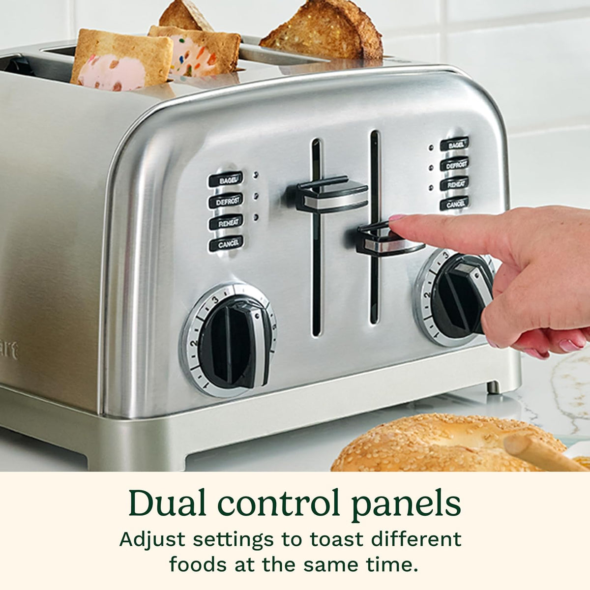 Cuisinart Toaster, Extra-Wide Slots, Stainless Steel, 4-Slice
Bagel, pastry & bread toaster with defrost/reheat functions, 6-setting browning dials & a slide-out crumb tray, CPT-180P1