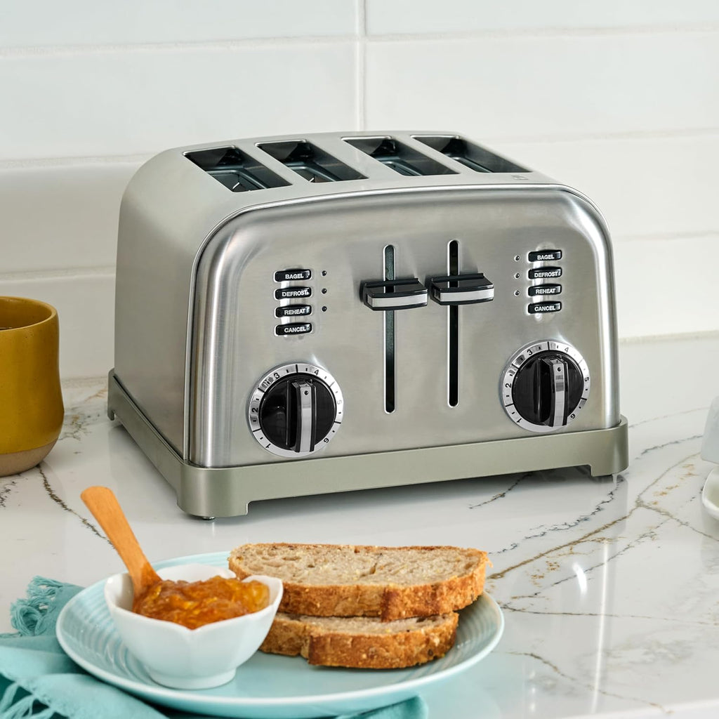 Cuisinart Toaster, Extra-Wide Slots, Stainless Steel, 4-Slice
Bagel, pastry & bread toaster with defrost/reheat functions, 6-setting browning dials & a slide-out crumb tray, CPT-180P1