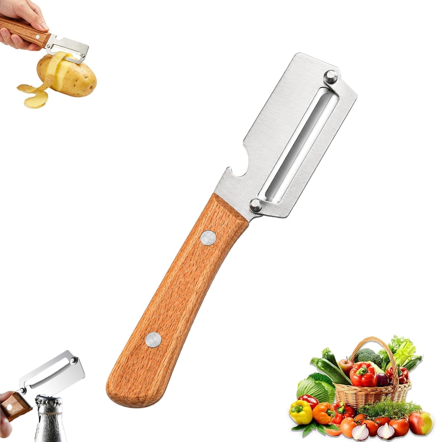 2026 Premium Multifunctional Vegetable Peeler, 3cr Stainless Steel Peeler with Wooden Handle with Built-In Bottle Opener, kitchen gadgets Potato for Carrot, Apple, Pumpkin Veggie Peeler