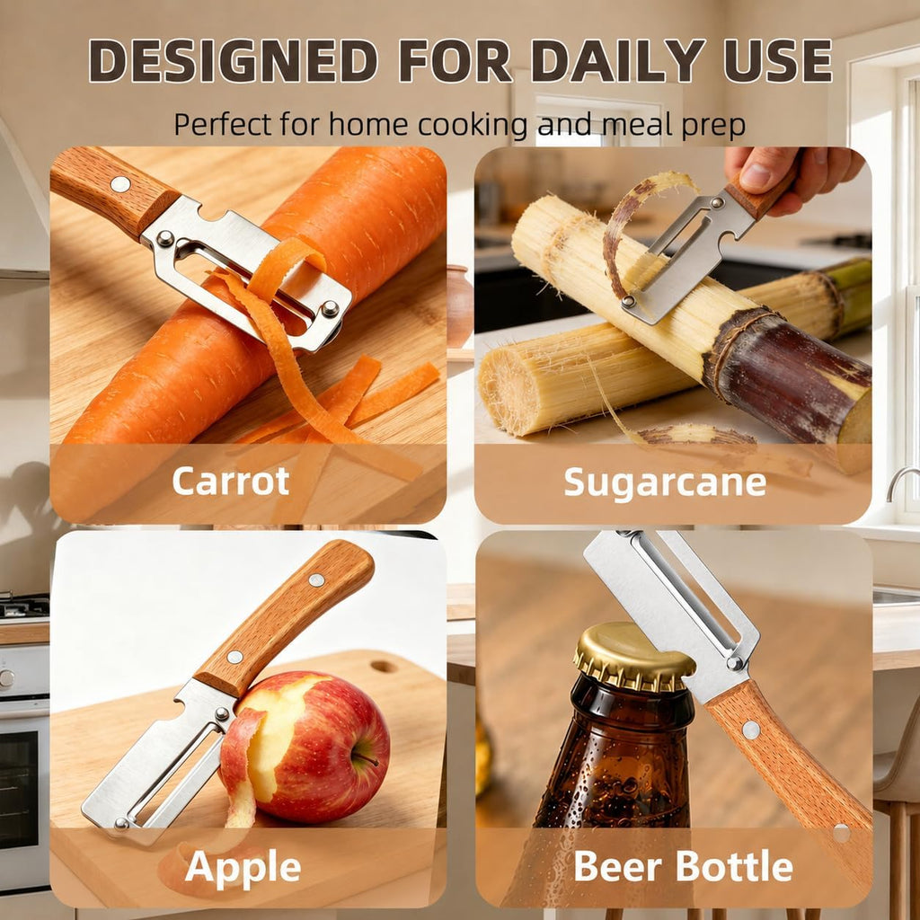 2026 Premium Multifunctional Vegetable Peeler, 3cr Stainless Steel Peeler with Wooden Handle with Built-In Bottle Opener, kitchen gadgets Potato for Carrot, Apple, Pumpkin Veggie Peeler