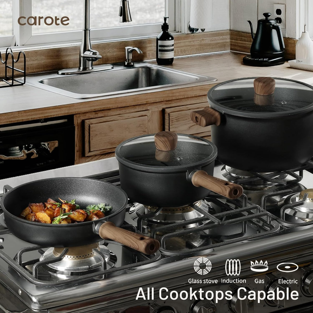 CAROTE 21pcs Pots and Pans Set, Nonstick Cookware Sets
Titanium Reinforced Coating, Scratch-Resistant, Easy to Clean, Even Heating, Induction Compatible, with Frying Pans Set