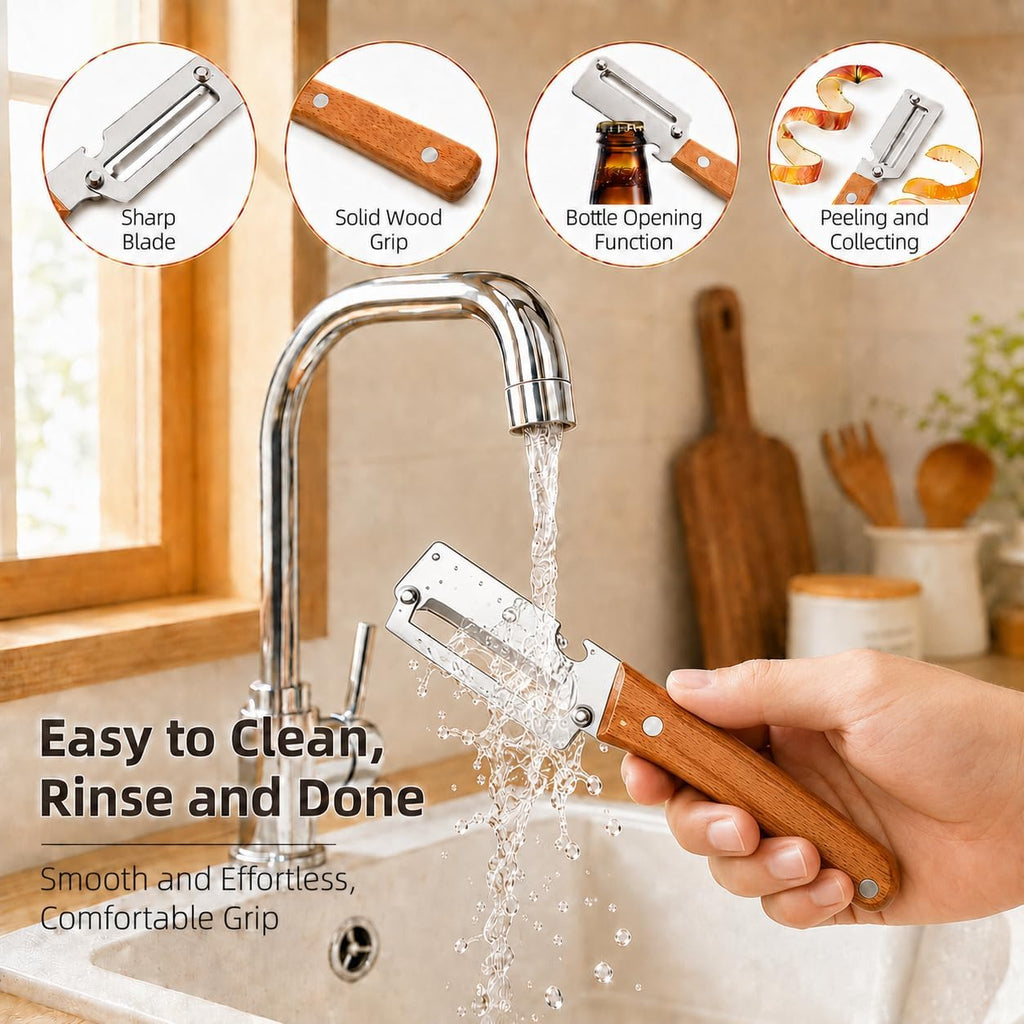 2026 Premium Multifunctional Vegetable Peeler, 3cr Stainless Steel Peeler with Wooden Handle with Built-In Bottle Opener, kitchen gadgets Potato for Carrot, Apple, Pumpkin Veggie Peeler