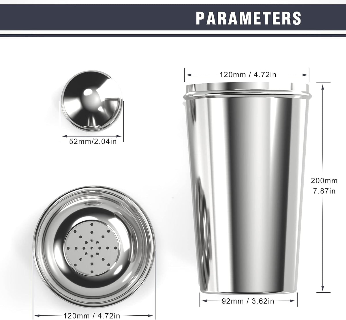 Stainless Steel Professional Cocktail Shaker - 60 oz Large Drink Shaker with Strainer for Bartending - Margarita Mixer