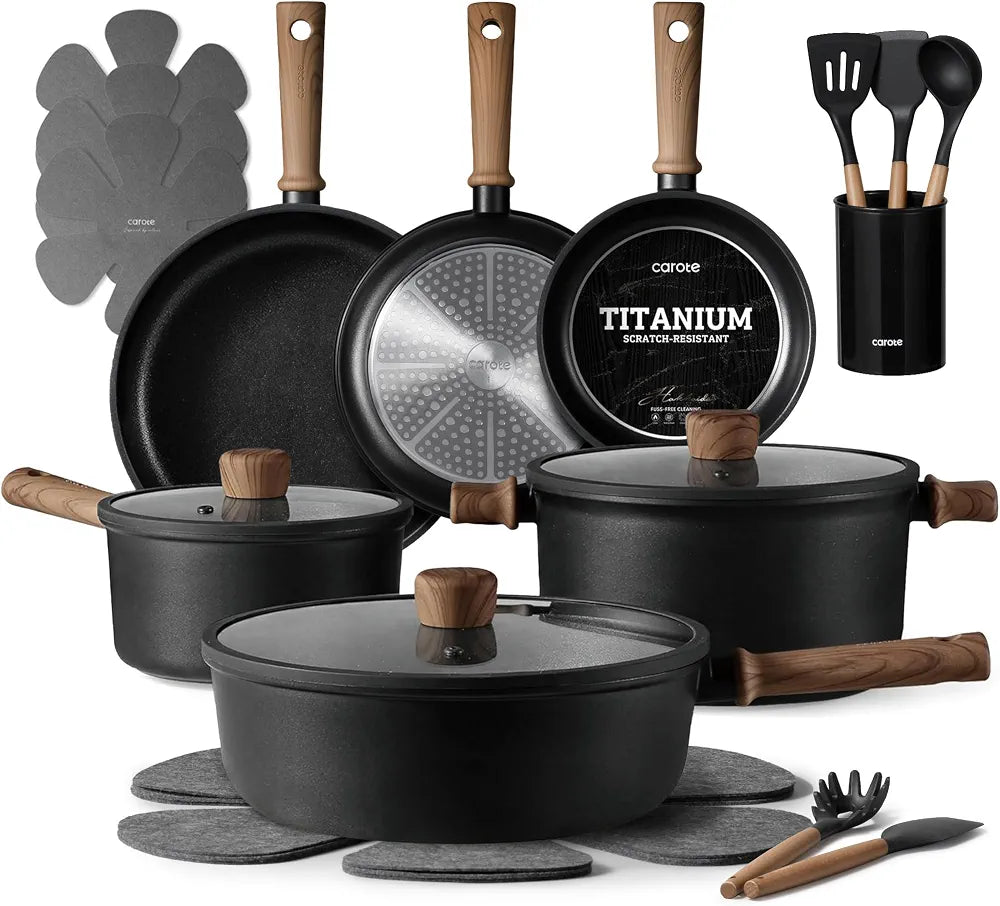 CAROTE 21pcs Pots and Pans Set, Nonstick Cookware Sets
Titanium Reinforced Coating, Scratch-Resistant, Easy to Clean, Even Heating, Induction Compatible, with Frying Pans Set